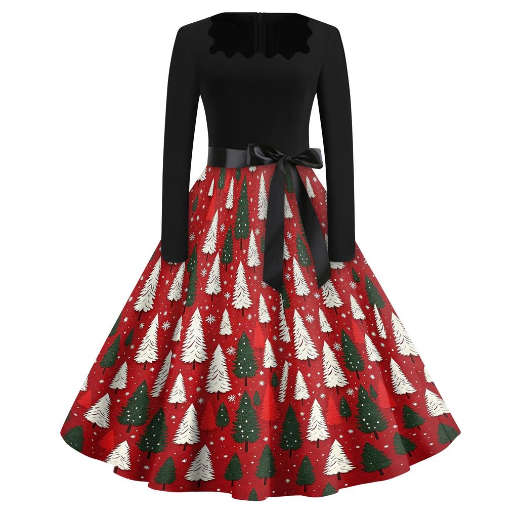 Women's Casual Christmas Print Square Neck Vintage Dress for Holiday Party and Everyday Wear