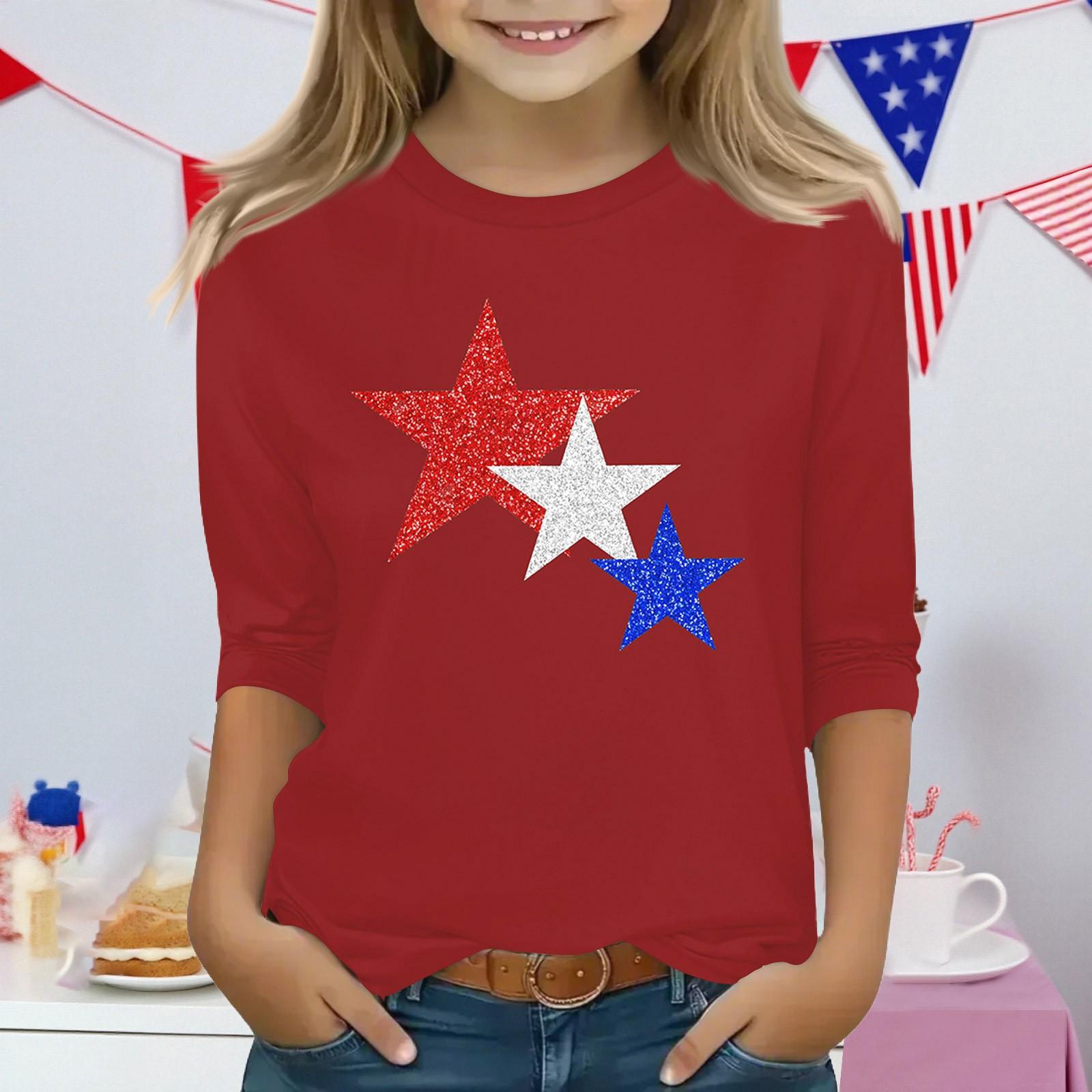 

Print Tops For Youth Girls Round Neck 3/4 Sleeves T-Shirts Trendy Tops Outfit Tees 140