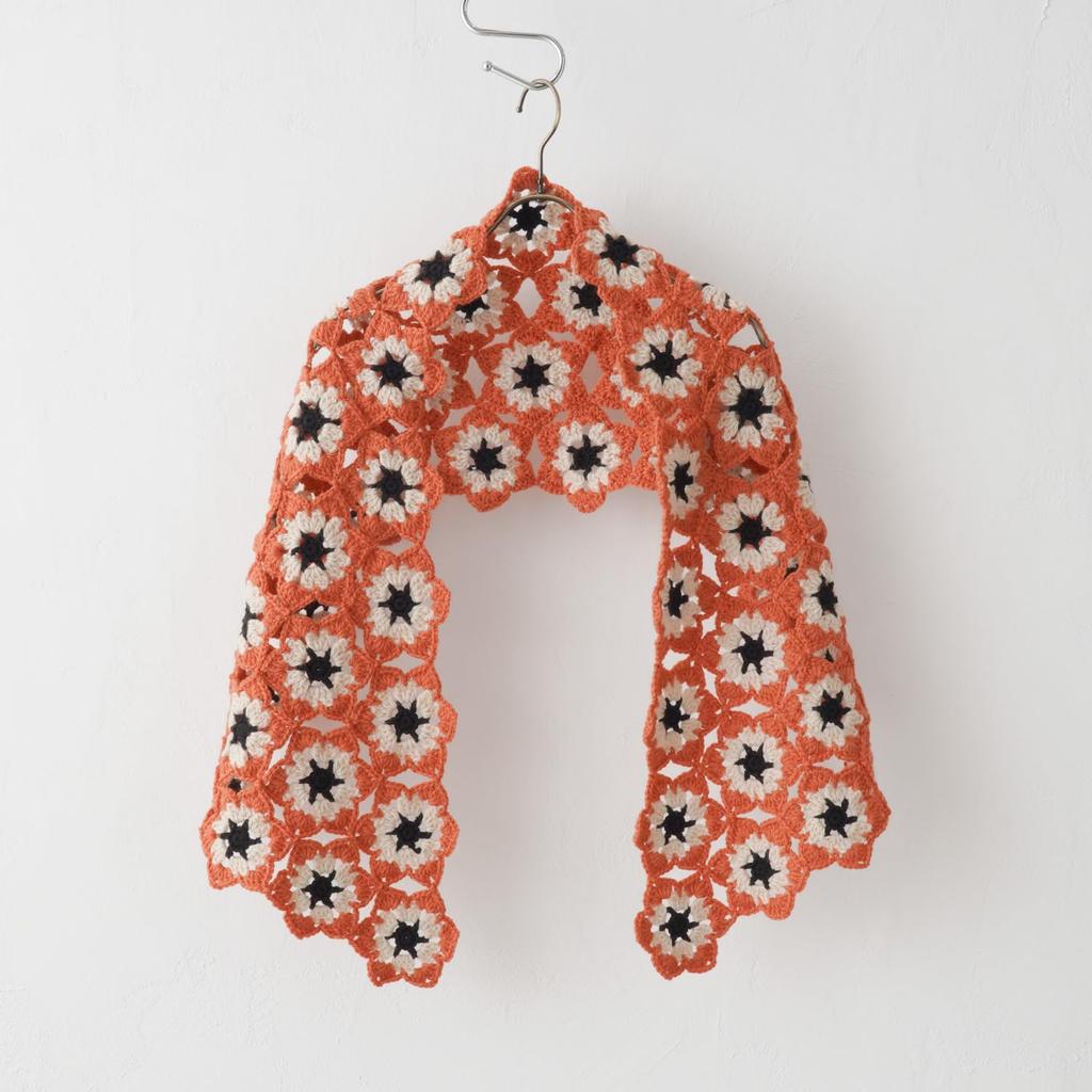 Raw Wool Knitting Kit Trapezoidal Shawl with Motif Connecting #18-3 (orange)