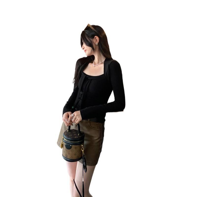 2025 European High-End Women's Lace-Up Square Neck Slimming Cropped T-Shirt