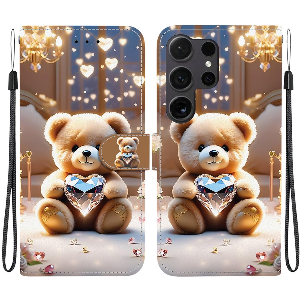 Handmade PU Leather Flip Case for Samsung Galaxy S22 Ultra (SM-S908B) Anti-Slip Shockproof Cover with Wrist Strap & Heart/Rose Cat Designs