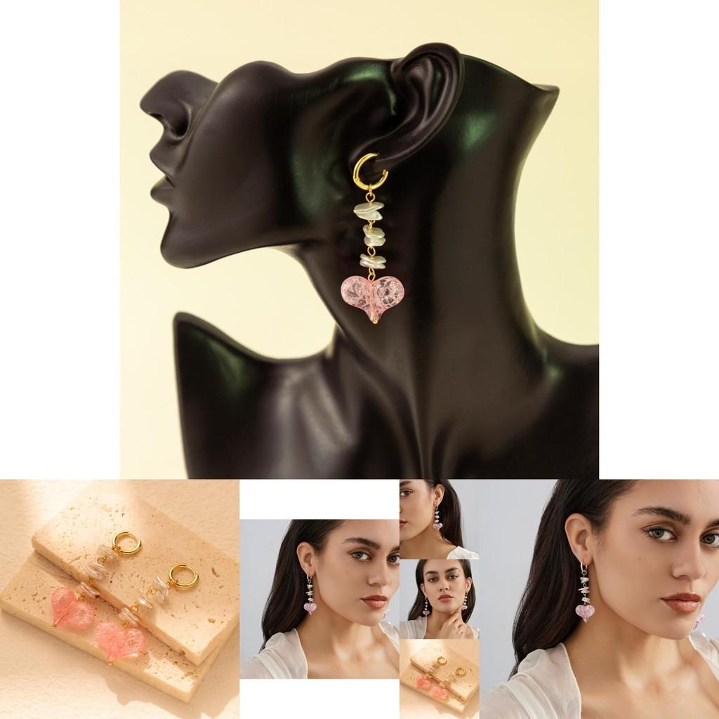 Elegant Pink Heart Shaped Earrings With Imitation Pearls Long Dangle Earrings For Women