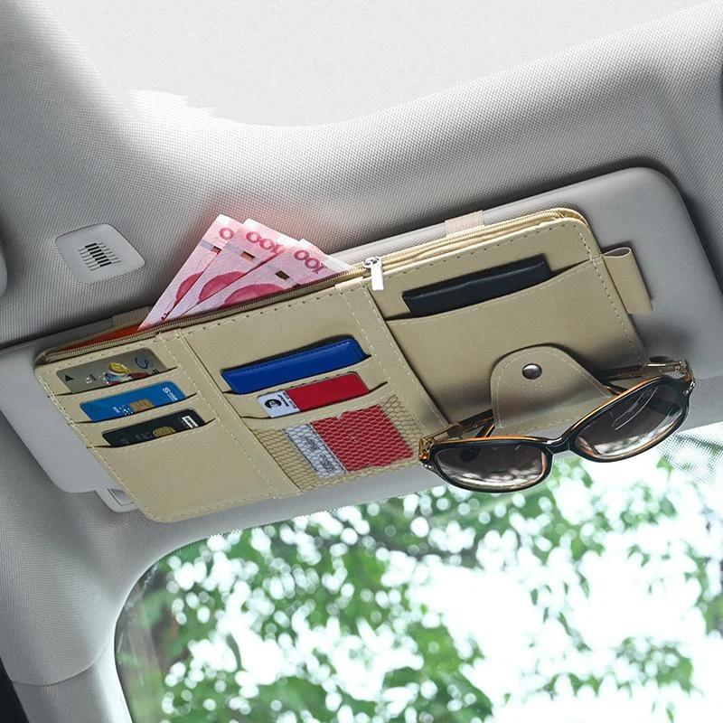 Sunshade Storage Bag Pu Leather Multi-Pocket Net Zipper Car Sun Visor Organizer Sunglasses Holder For Car Interior Accessories