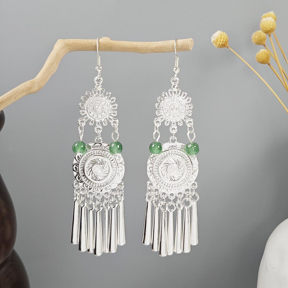 Retro Miao Ethnic Silver Tassel Earrings for Women – Geometric, Exotic Style
