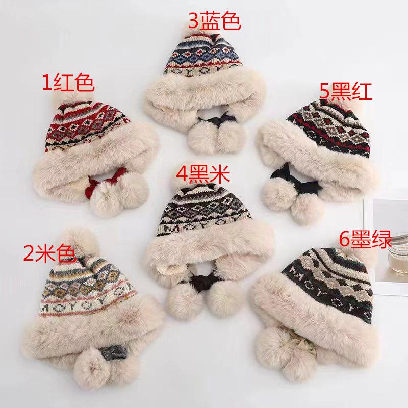 New wool hat knitted ear protector hat women's autumn and winter ethnic style fleece thickened warm cycling Lei Feng hat tide