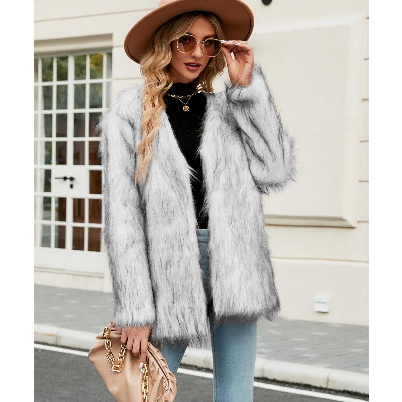 Autumn Winter V-neck Women's Faux Fur Jacket Warm Fashion Casual Short Top Oversize Coat Artificial Fur