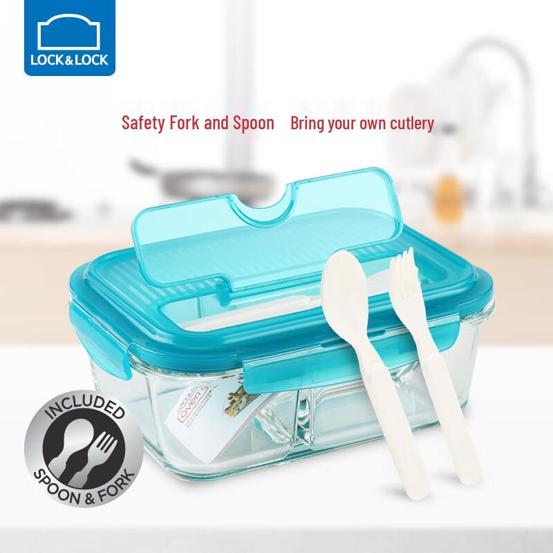 LOCK&LOCK 3-Compartment Glass Lunch Box with Cutlery