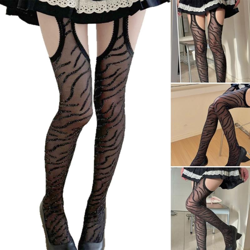 Metallic Zebras Striped Sheer Pantyhose Stockings With Thigh Cutouts Faux Suspender Garter Belt Nylon Tights for Women