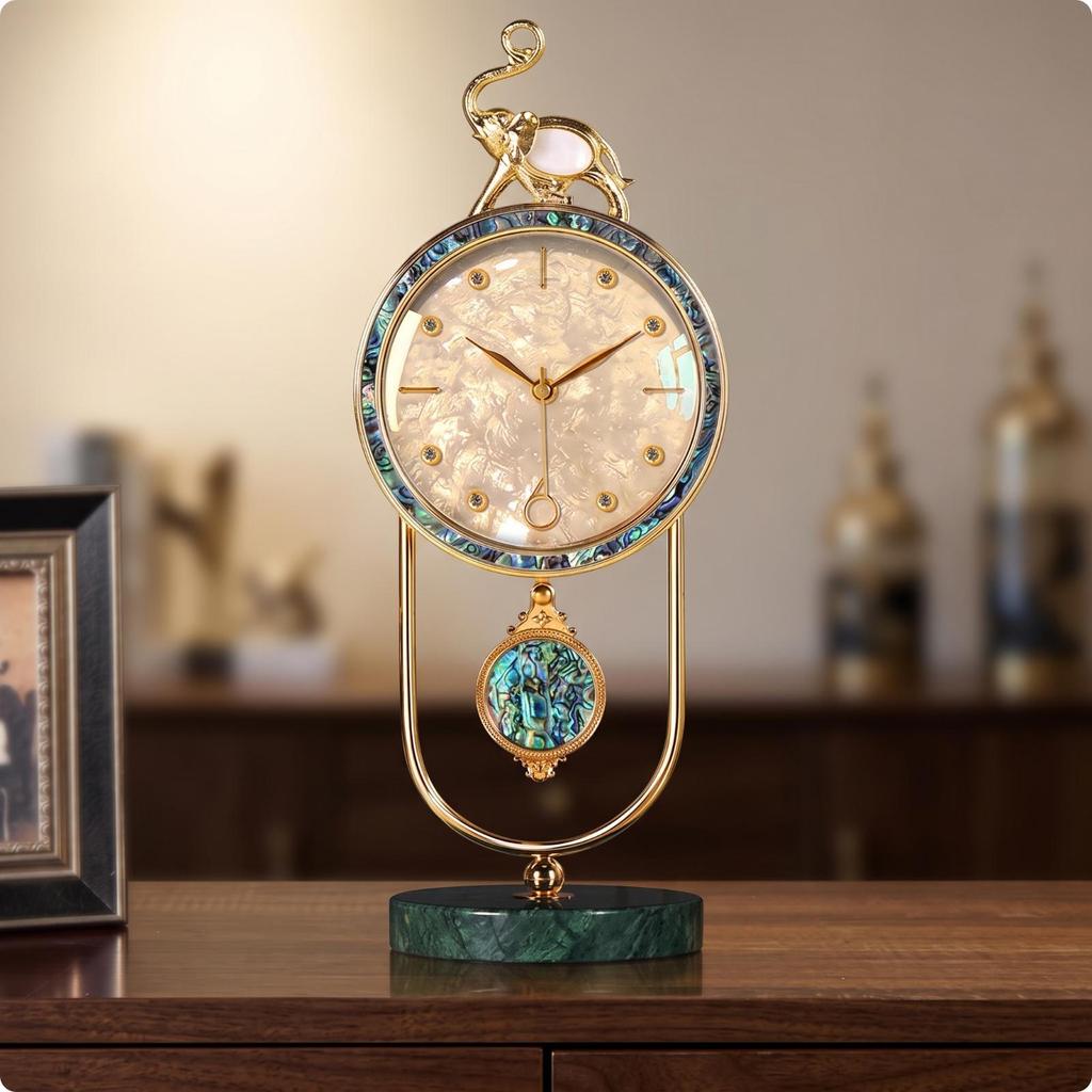 Table Clock with Pendulum Decorative Desk Marble-Look