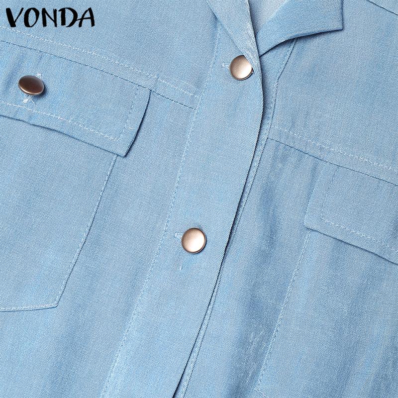 VONDA Women Summer Lapel Neck Sleeveless Buttons Elastic Waist Casual Jumpsuits Rompers