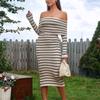 Knitted Long-sleeved Dress, European and American Sexy Backless Hip-wrapped Tight One-word Shoulder Lapel Mid-length Dress