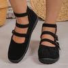Retro double buckle cloth shoes single shoes women's large size square head light mouth suede