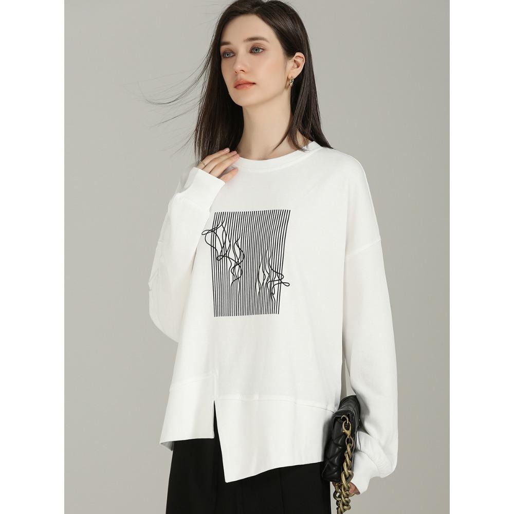Dimanaf 2024 Pullover Autumn Hoodie T-shirt Women Asymmetrical Printing Full Sleeve Loose White