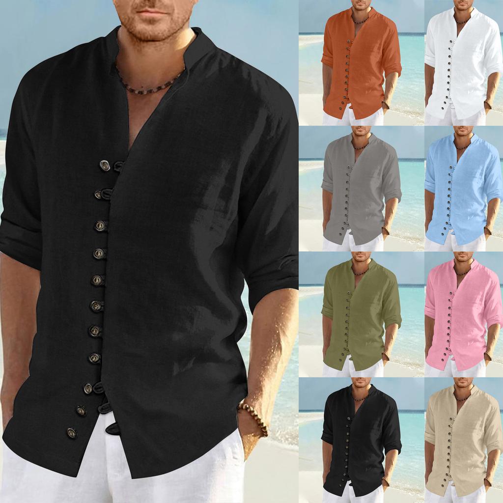 Men'S Retro Casual Loose Fitting Long Sleeved Printed Shirt Fashion Standing Collar Top
