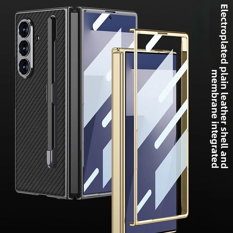 Zijde PU Leer Gehard Beschermfolie Penhouder met Pen Telefoonhoesje voor Samsung Galaxy Z Fold 7 Fold7 Scharnier Beschermhoes