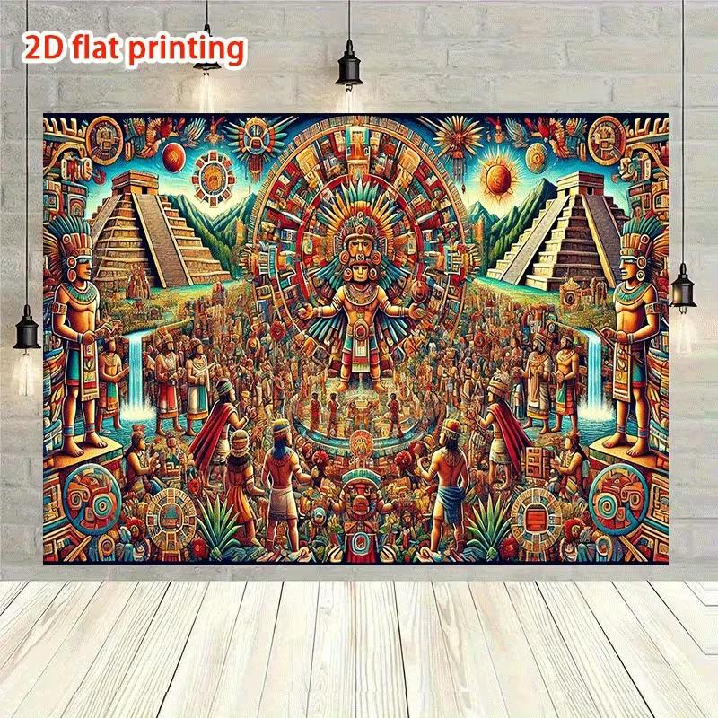 2D Aztec Calendar Backdrop, Ancient Mayan Pyramid Photography Background Cloth, Tribal Culture Decor 47.2x31.5inch/120*80cm