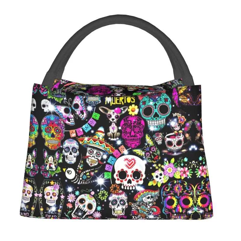 Day Of The Dead Kitten Cat Sugar Skull Thermal Insulated Lunch Bags Women Mexican Halloween Floral Lunch Container for Food Box