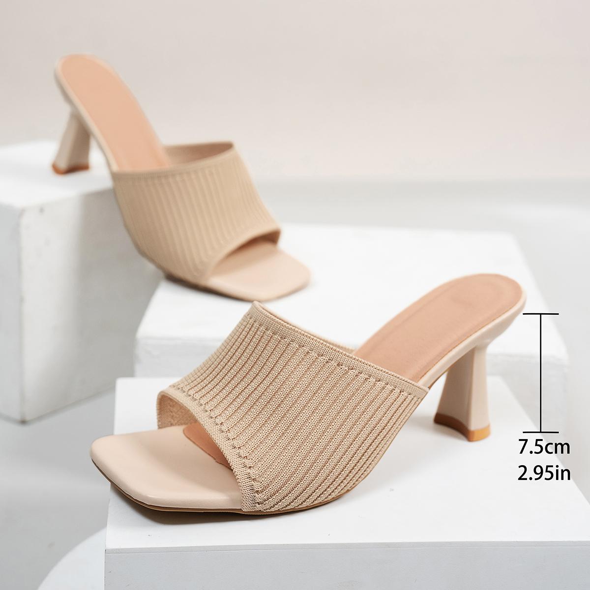 

Модные шлепанцы на толстом каблуке с открытым носком и квадратным носком для женщин, вязаные, удобные, модные, универсальные, шлепанцы на высоком каблуке для женщин 38 бежевый