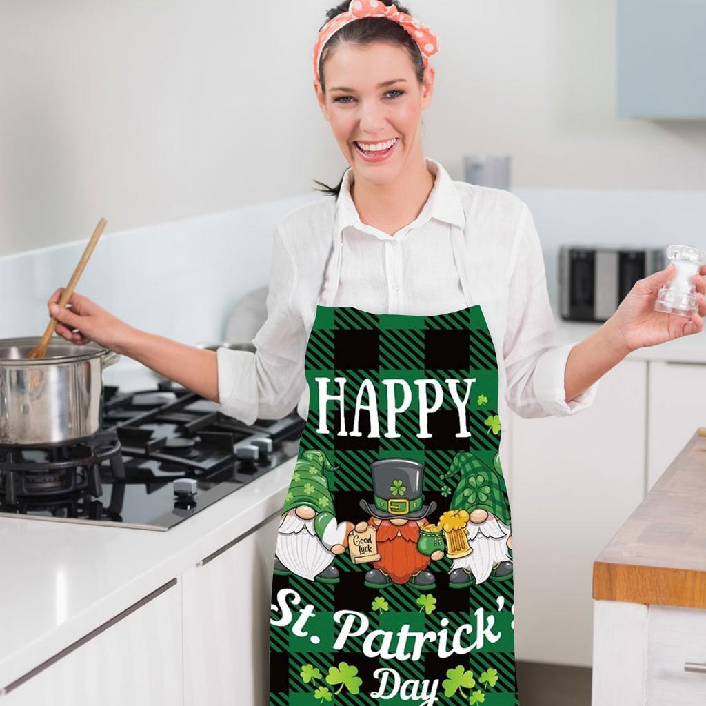 St. Patrick's Day Apron 4-Pack, Green And Black Plaid Chef Cooking Aprons With Leprechaun Pattern, Adjustable And Washable Aprons, Kitchen Supplies