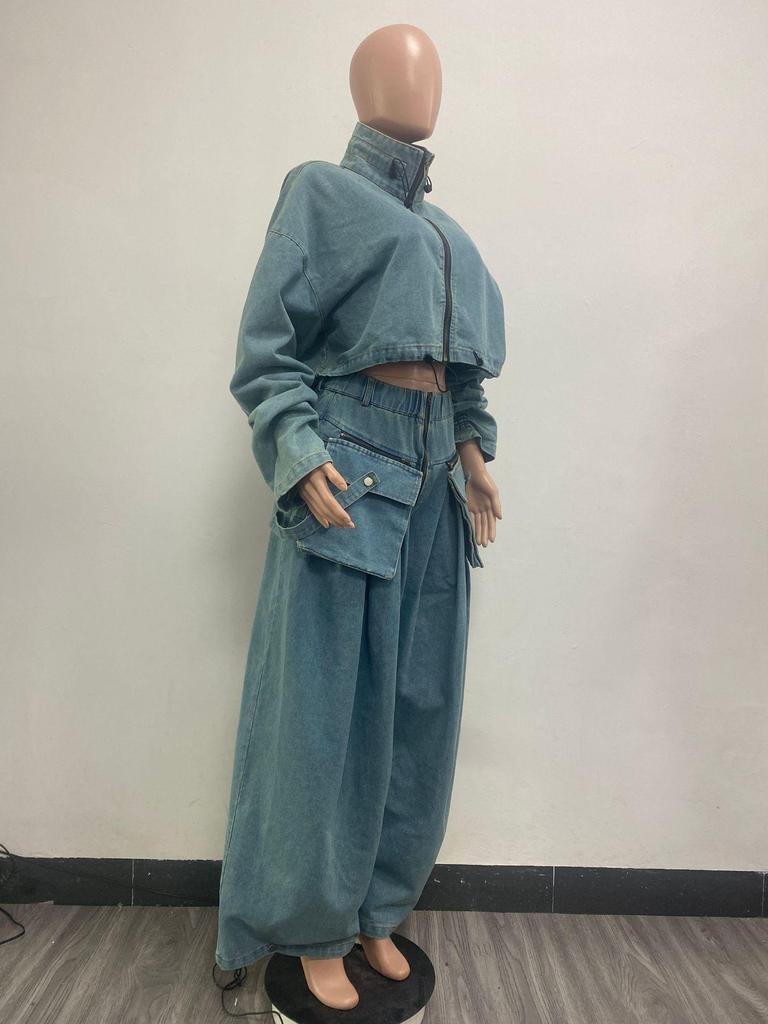 Two-Piece Retro Denim Workwear Set: Wide-Leg Trousers & Short Jacket for Women