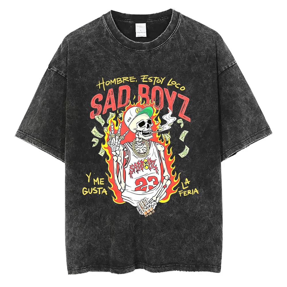 Washed Vintage Rapper Junior H Sad Boyz Skeleton Graphic T-shirt Men Women Hip Hop Fashion Oversized T Shirts Male Streetwear