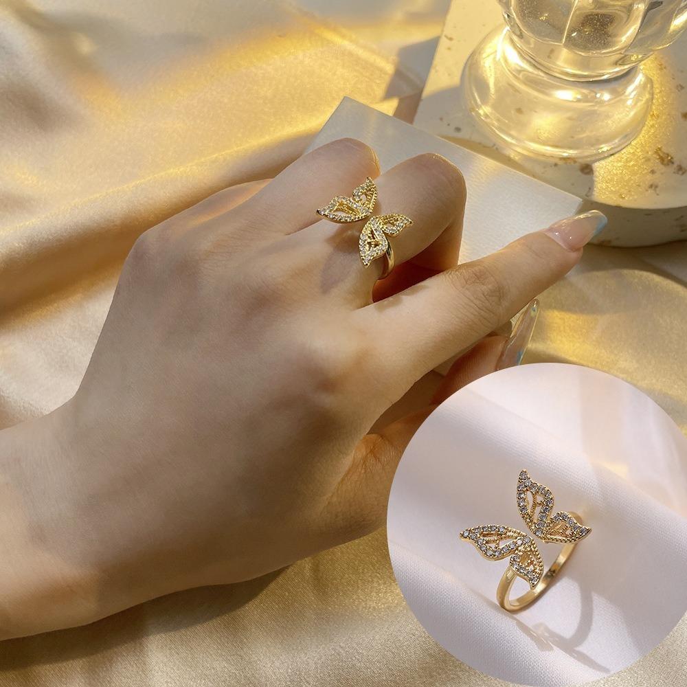 Delicate Hollow Butterfly Open Ring, Zircon Inlaid Copper Jewelry Elegant Leisure Finger Ring for Women Summer Dating Daily Wear