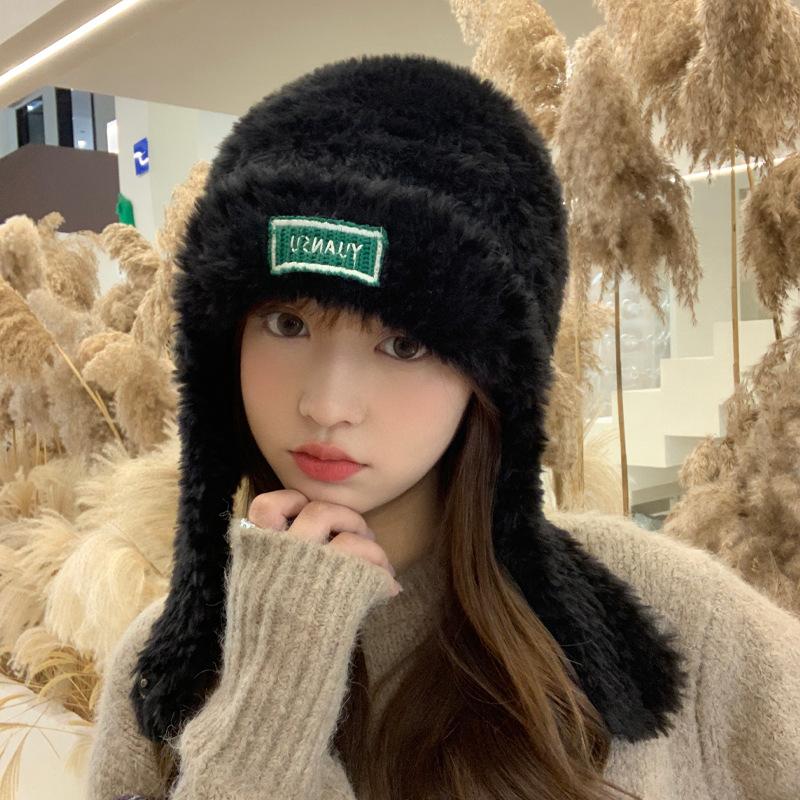 Cute and Fashionable Letters Plush Hat Korean Version of Warm Ear Protection Wool Hat Versatile Bag Knit Hat Thick