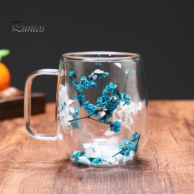 Taza de vidrio de doble pared de 250 ml, transparente, con forma de flores, de boca ancha y asa, vaso de café aislado para café, té y chocolate