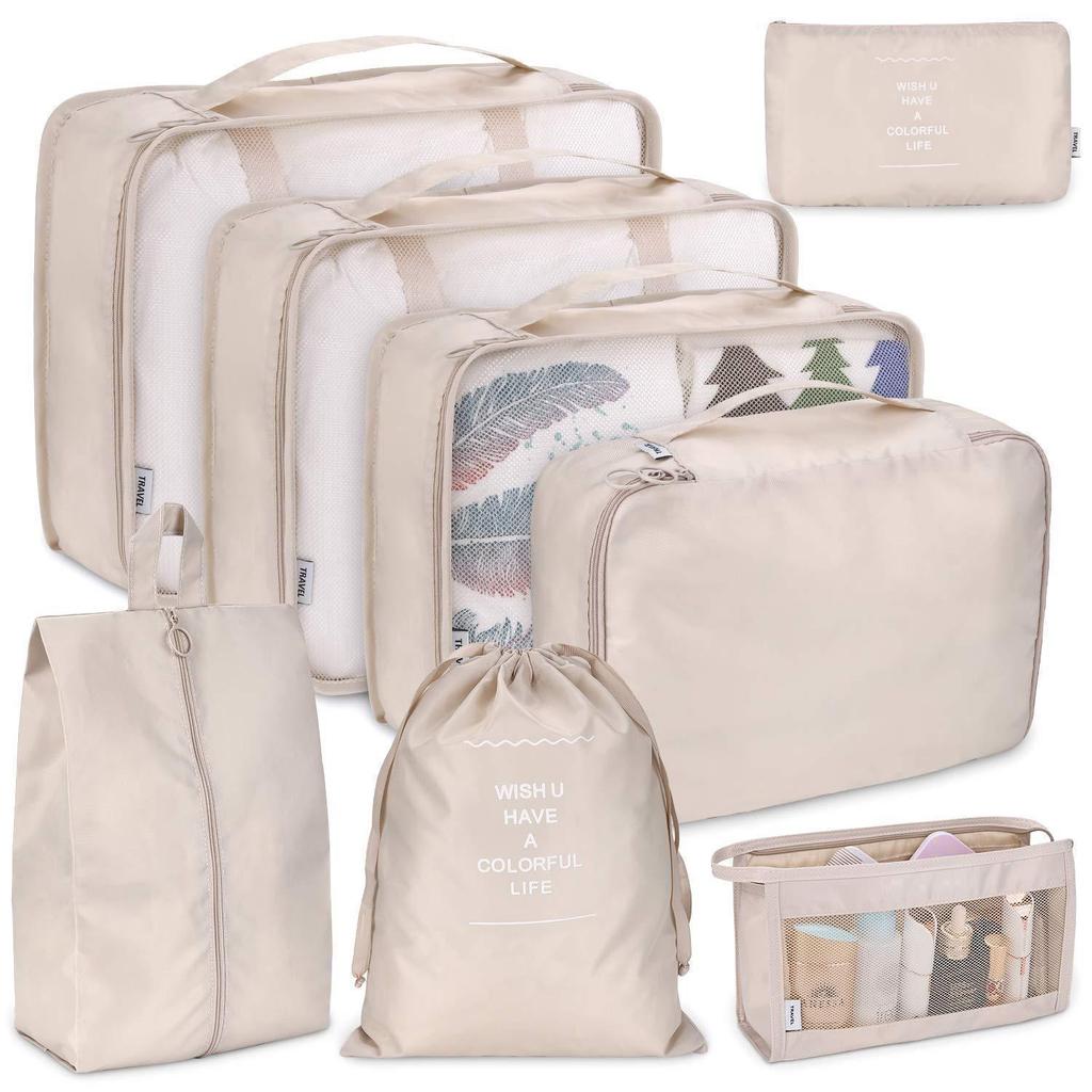 Eight-Piece Travel Organizer Set: Storage Bags & Makeup Bag for Clothes and Accessories.