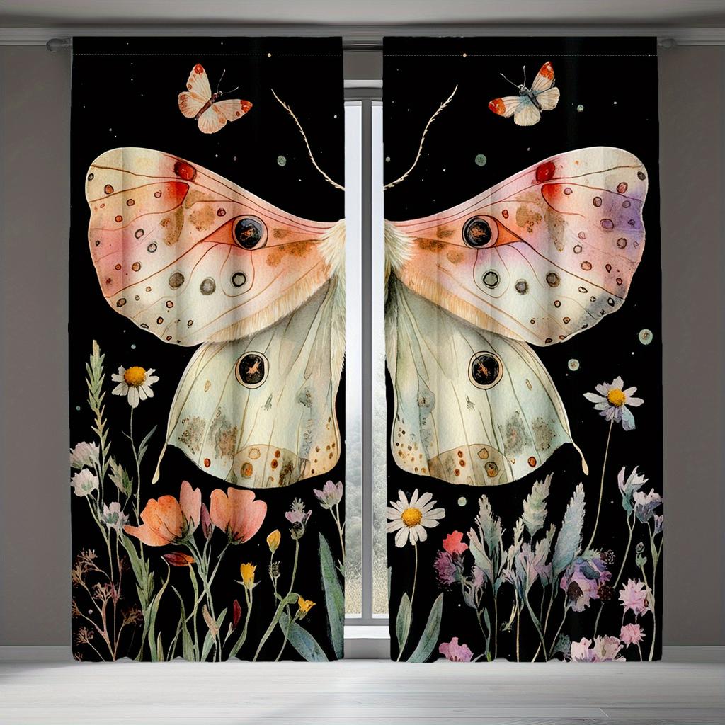 2pcs Bohemian Butterfly Curtains   Moon Galaxy Moth Botanical Design for Bedroom Decor Decorative Curtains