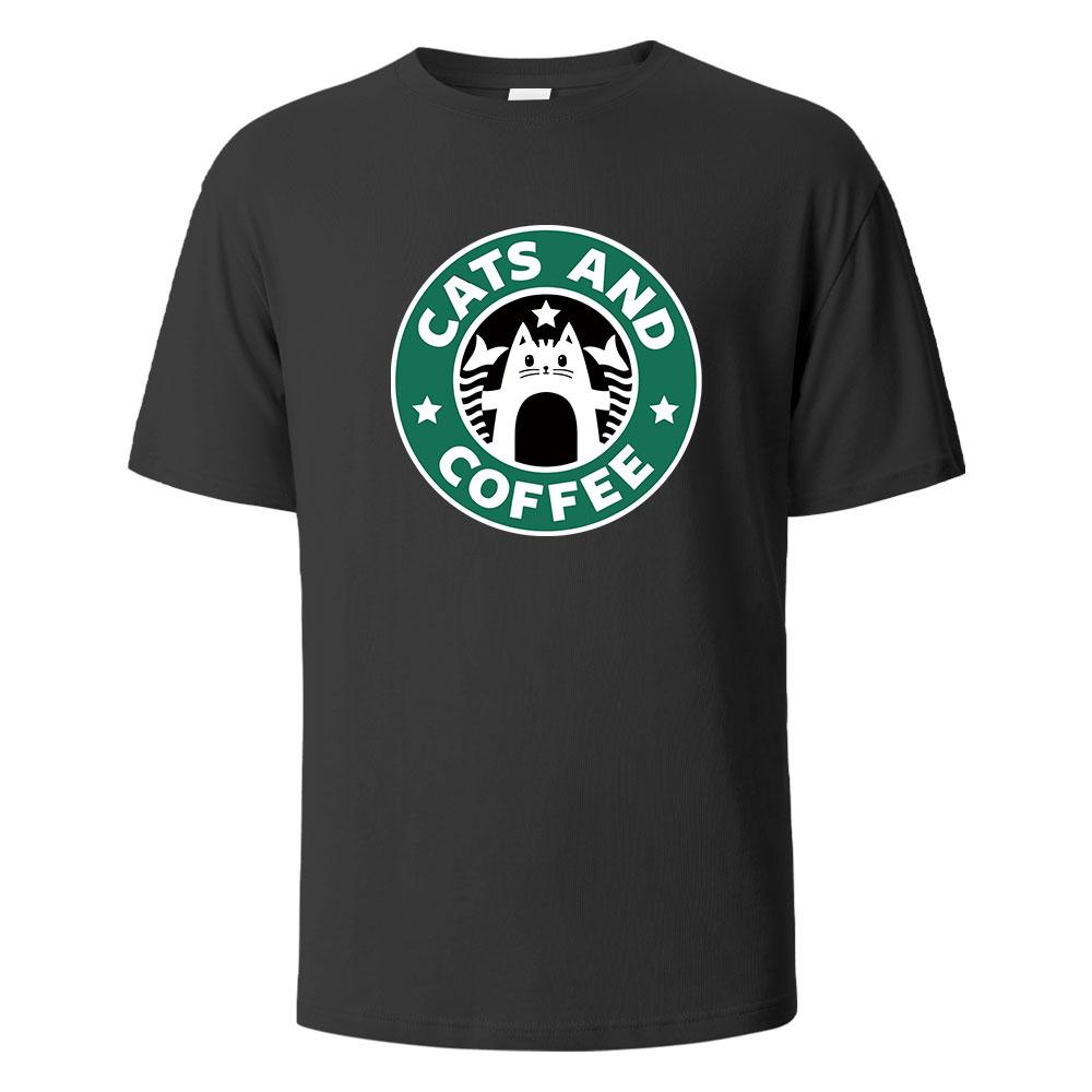 Cats And Coffee Street Funny TShirt For Men Fashion Casual Loose Cotton Clothing Crewneck Breathable Tshirt Hip Hop Tees