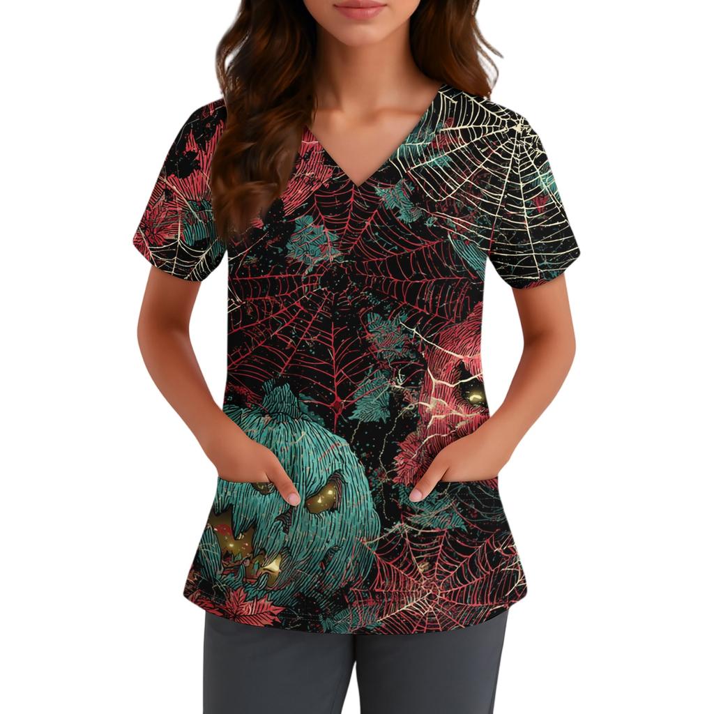 Women V Neck Short Sleeve Printed Top with Pockets Halloween Pattern Comfortable Fit for Healthcare Professionals