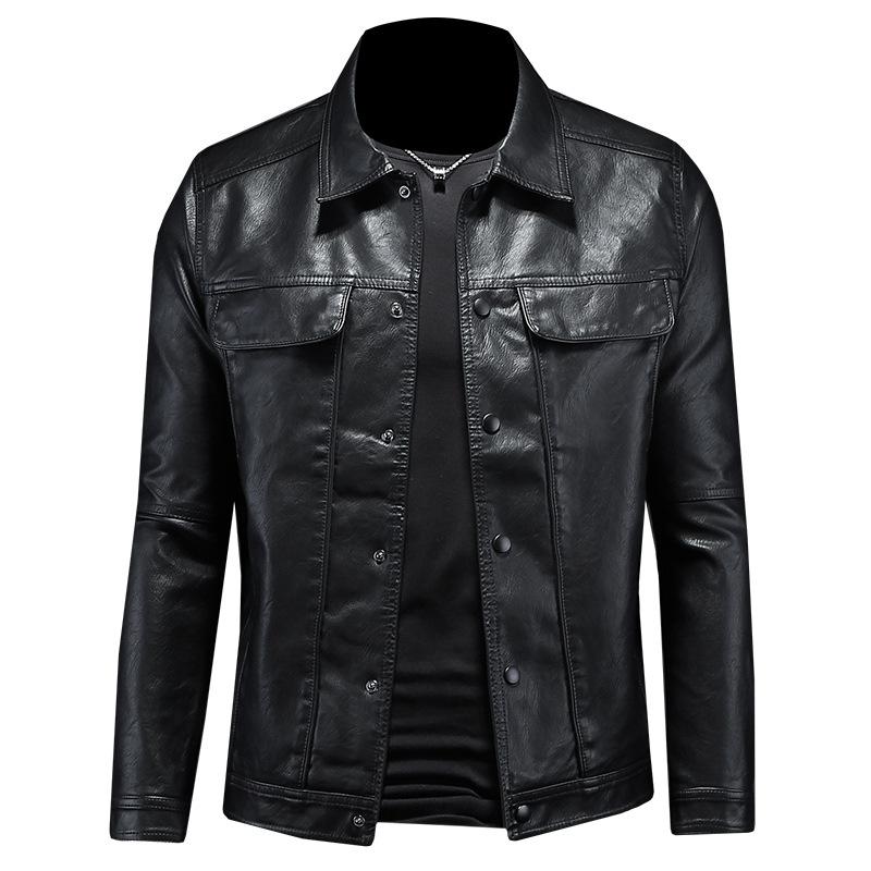 Spring and Autumn New Men's Lapel Motorcycle Leather Jacket Trendy Slim Simple Casual Jacket 8117