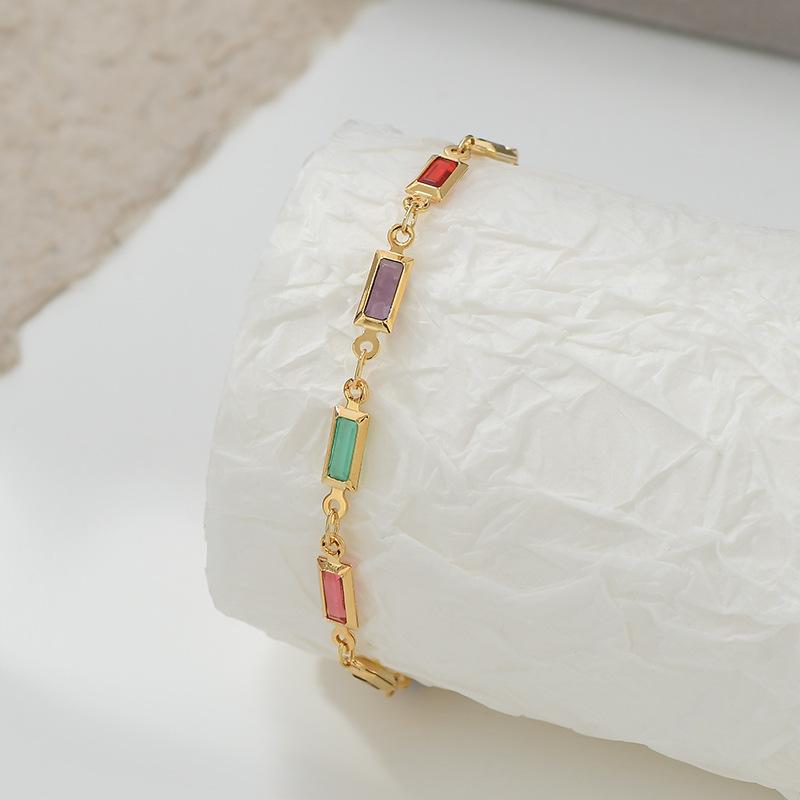 Gold Plated Rainbow Baguette CZ Link Bracelet – Dainty Colorful Jewelry, Sparkle Gift for Women