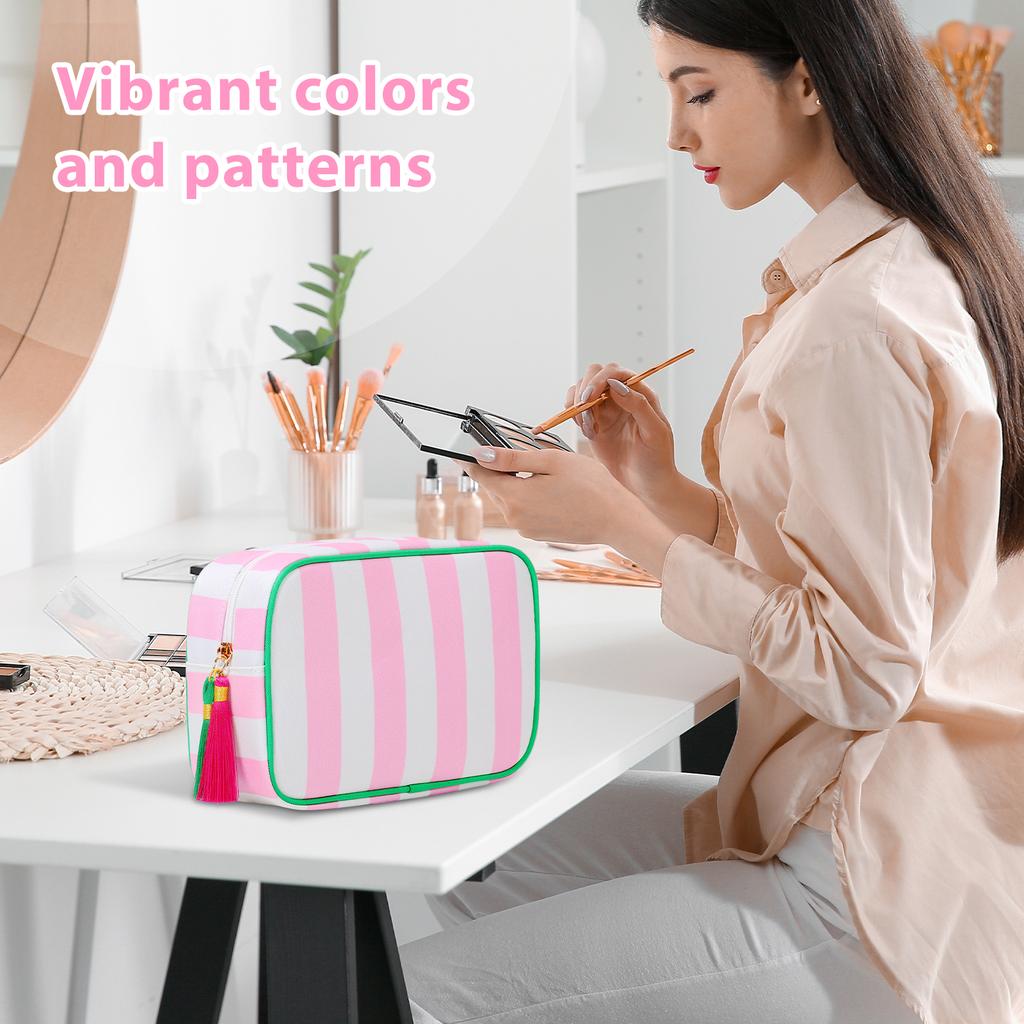 Travel Makeup Bag Portable Tassel Toiletry Bag with Zipper Fashionable Stripe Multi-purpose Storage Bag for Skincare Haircare
