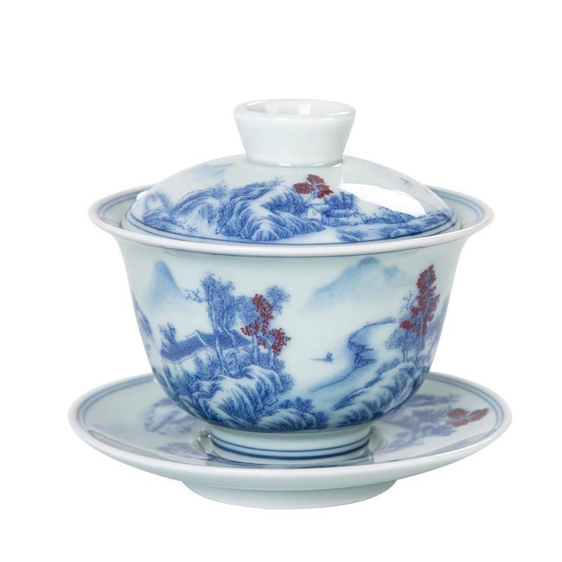 Large Blue & White Retro Sancai Gaiwan Ceramic Tea Cup with Infuser - Kung Fu Tea Set