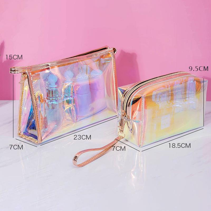 Borsa Trasparente Impermeabile in PVC per Cosmetici, Necessaire, Organizer per Trucco, Colore Laser, Cerniera, Lavabile, Beauty Case