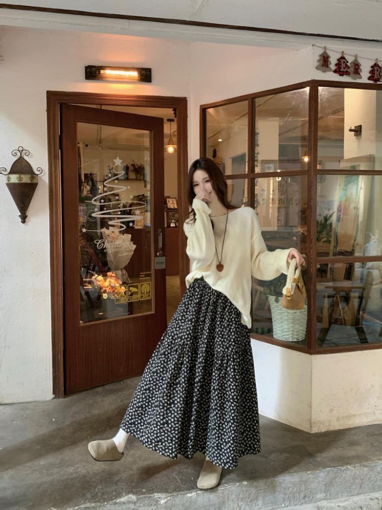 Korean Floral A-Line High-Waisted Skirt for Women