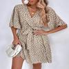 V Neck Printingt Dress Waist Hugging Dress Elegant Short Sleeve Dresses Causal Women Dress