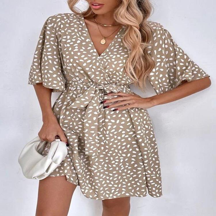 V Neck Printingt Dress Waist Hugging Dress Elegant Short Sleeve Dresses Causal Women Dress