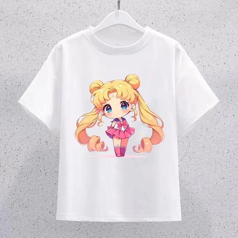 Sailor Moon Children Cotton Tshirt Cartoon Print Short Sleeve Tees Kawaii Pullover Girls Summer Casual Tops Kids Birthday Gifts