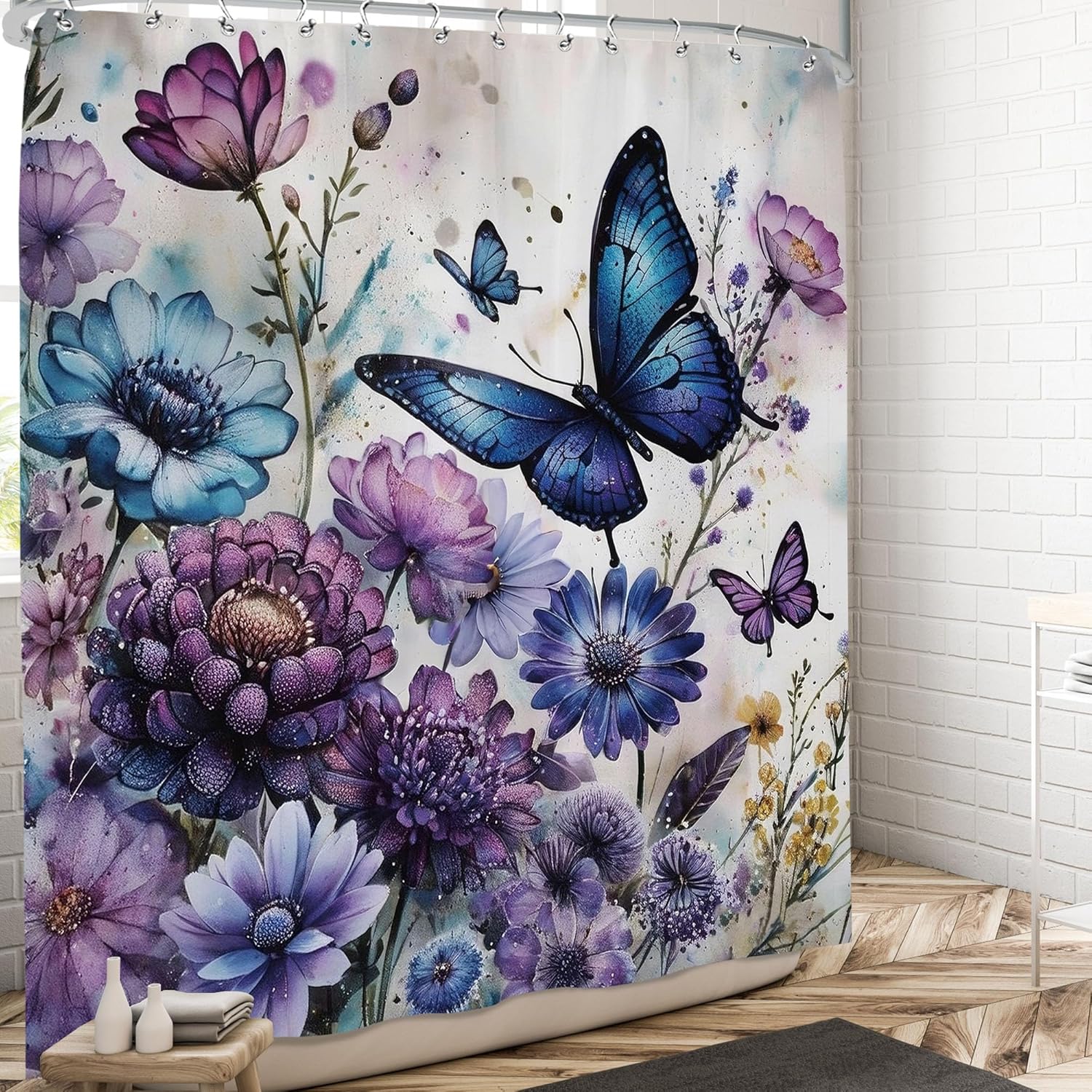 

Purple Flower Butterfly Shower Curtain Vintage Floral Shower Curtains Set for Bathroom Aesthetic Violet Lilac Daisy Rustic Bath 90x180cm