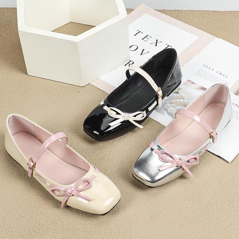 Fashion Contrast Color Bowtie Ballets Shoes Woman Belt Buckle Flats Mary Janes Ladies Silver Shiny Leather Loafers Brides Ballerinas