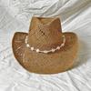 Handmade Hollow Out Cowboy Hat Love Bead Embellished Rolled Brim Western Summer Beach Sun Hat for Women