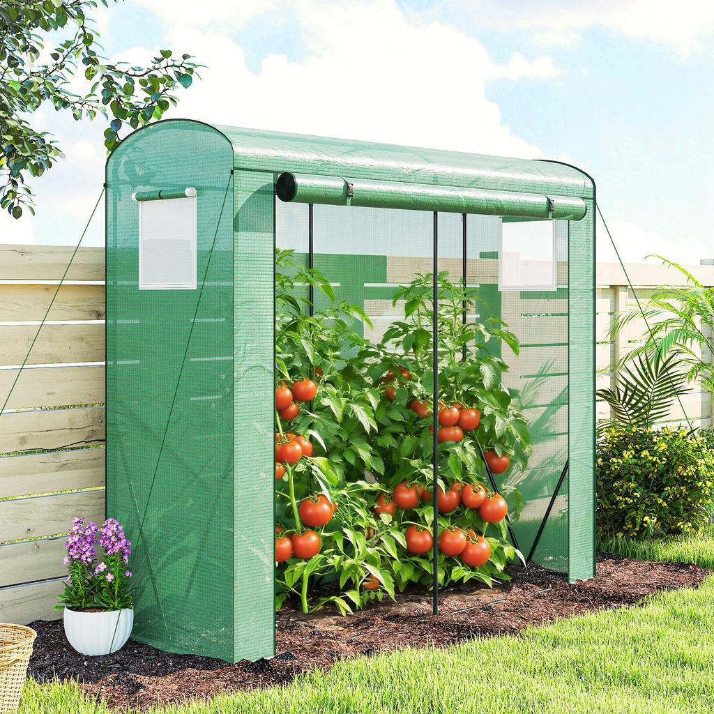 Mini Kas, Tuin Tomaten Kweekkas met Roldeur en 2 Gaasramen, PE Afdekking, 200 x 75 x 188 cm, Groen