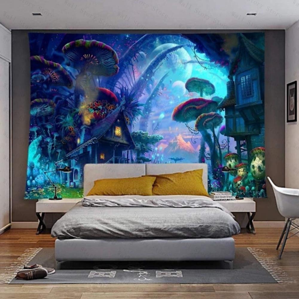Tapiz Bosque Encantado Casa de Champiñón Tapiz Cielo Nocturno Mágico Colgante de Pared para Dormitorio Tapiz Decoración Estética Tapiz