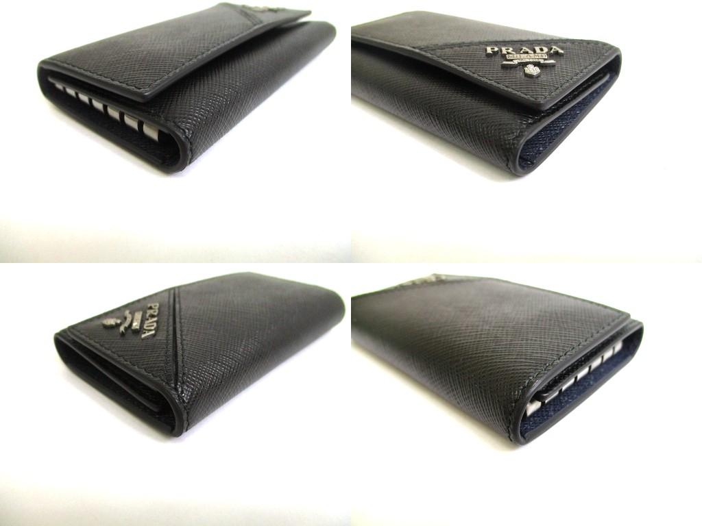 Authentic PRADA Black Saffiano Metal Leather 6 Pics Key Chain #b060  Open box