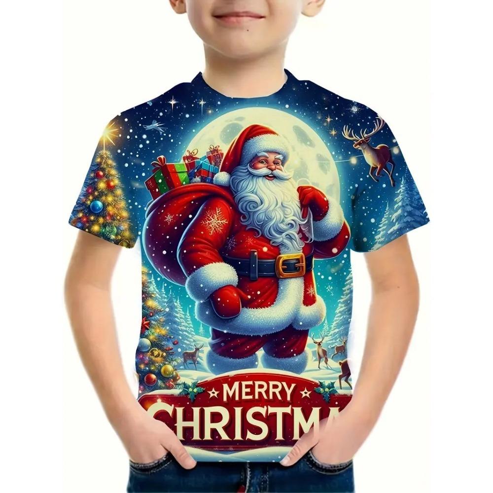 Children's Christmas Series 3D Digital Printed Boys' Fashion and Casual Round Neck Short Sleeved T-shirt