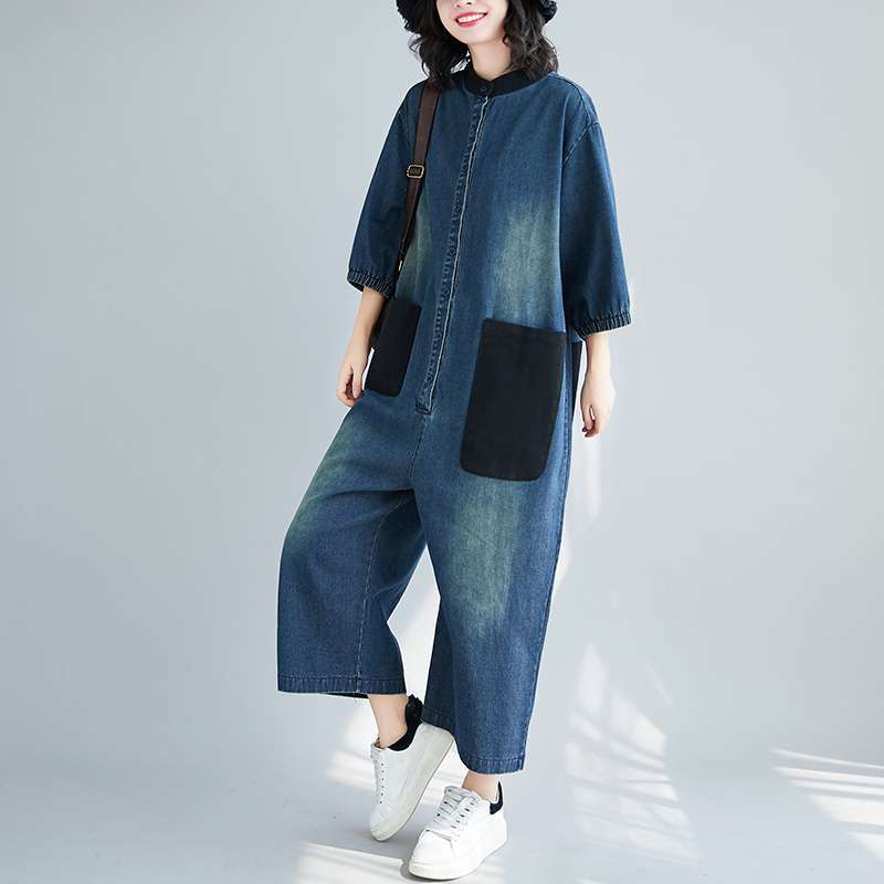 Damen Frühling/Herbst Denim Jumpsuit Retro-inspiriert mit aufgesetzten Taschen Weitbeinige Overalls