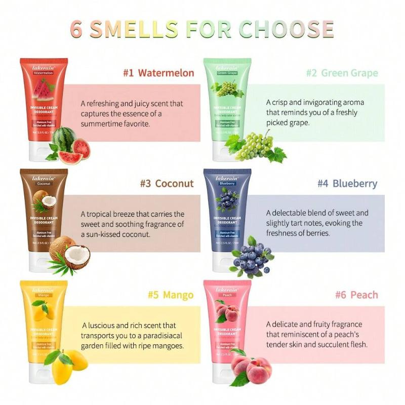 6 Colorful Fruit Fragrance Women's Deodorant Cream Invisible Cream Deodorant Long Lasting Fragrance Moisturizing and Moisturizing